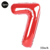 A single red foil balloon shaped like the number 7, measuring 32 inches.