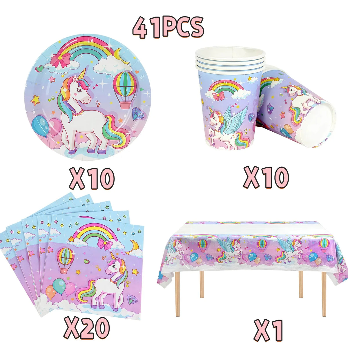 A set of unicorn themed birthday party supplies including plates, cups, and napkins.