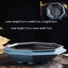 A blue glazed ceramic bonsai flower pot shown with its inner and outer dimensions displayed.