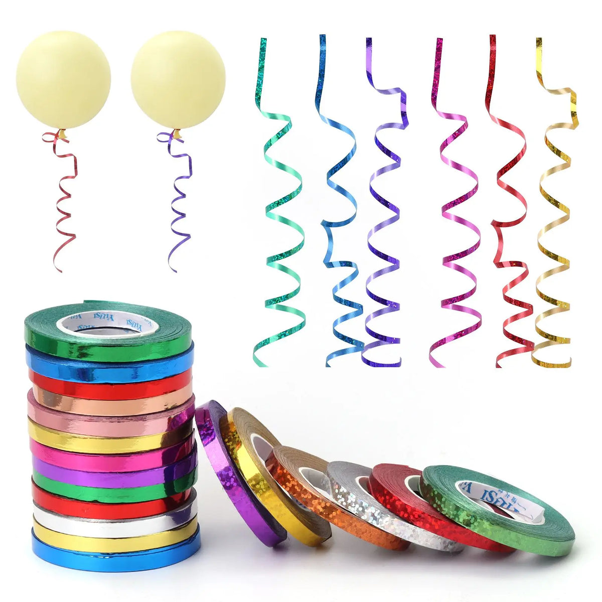 A collection of satin balloon ribbon rolls in various colors and textures, including a large roll and several smaller rolls.