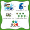 A collection of birthday party decorations including balloons, a number balloon, cake toppers, and latex balloons.