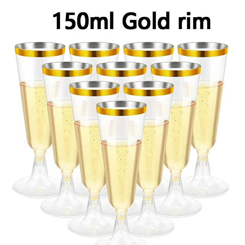 A set of 150ml gold rimmed champagne glasses displayed on a white background.