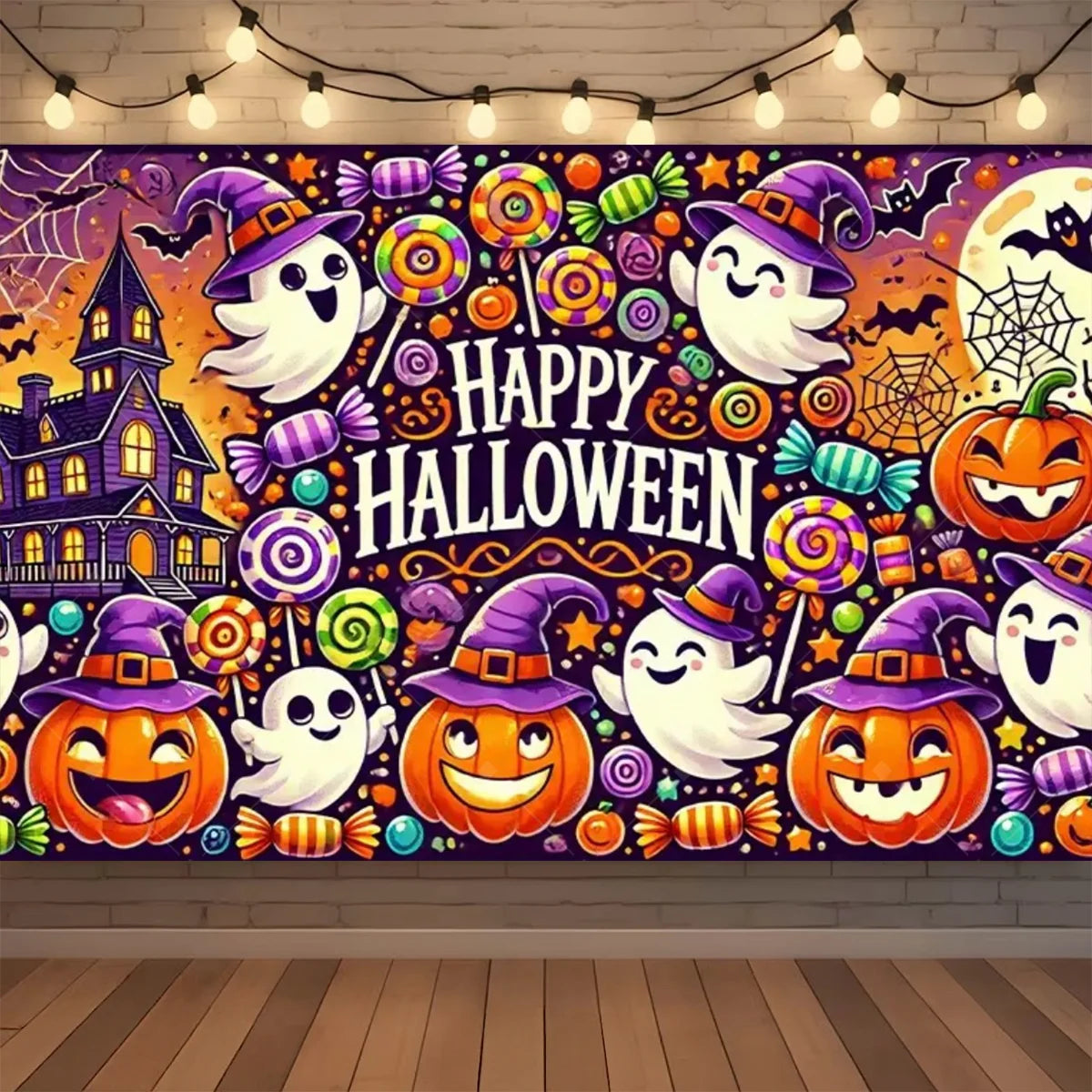 A vibrant Halloween neon backdrop featuring smiling pumpkins, bats, and witches for a photo booth background.