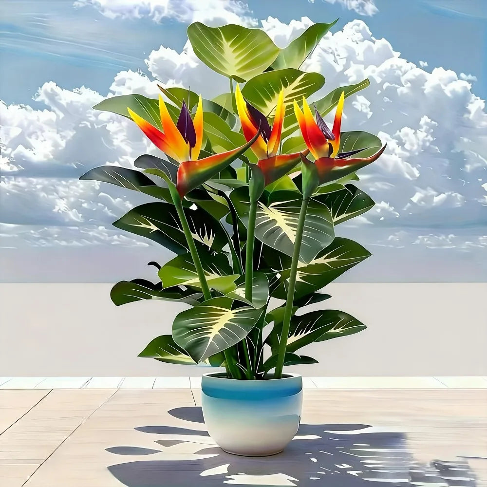 A vibrant artificial Bird of Paradise flower in orange and yellow stands tall in a green potted plant against a cloudy blue s