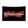 A black flag with a gold crown and red text reading Budweiser.