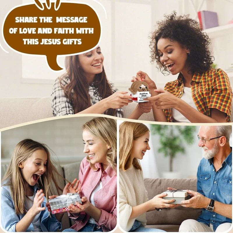 Three women smiling while holding a Positive Jesus crochet doll and encouragement card