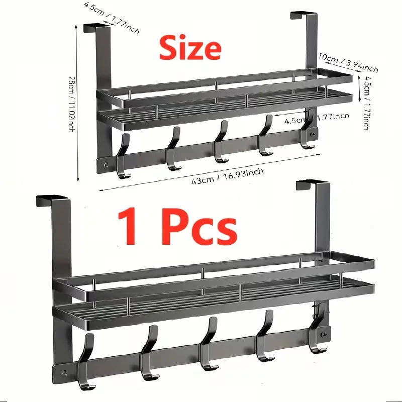 A silver over-the-door organizer rack with multiple tiers for storage.