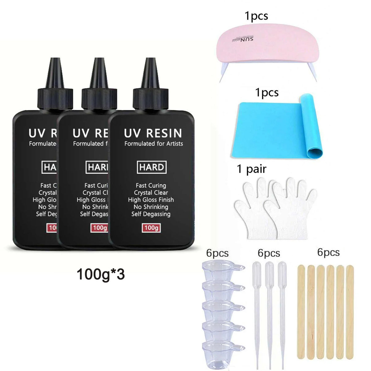UV resin for artists kit showing various curing resins and tools including pink and blue bottles and silicone gloves