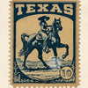 A vintage postage stamp featuring a silhouette of a cowgirl riding a horse against a desert landscape, with the word TEXAS ab