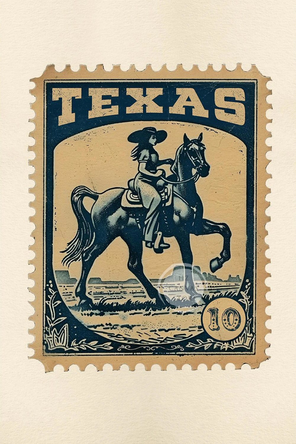 A vintage postage stamp featuring a silhouette of a cowgirl riding a horse against a desert landscape, with the word TEXAS ab