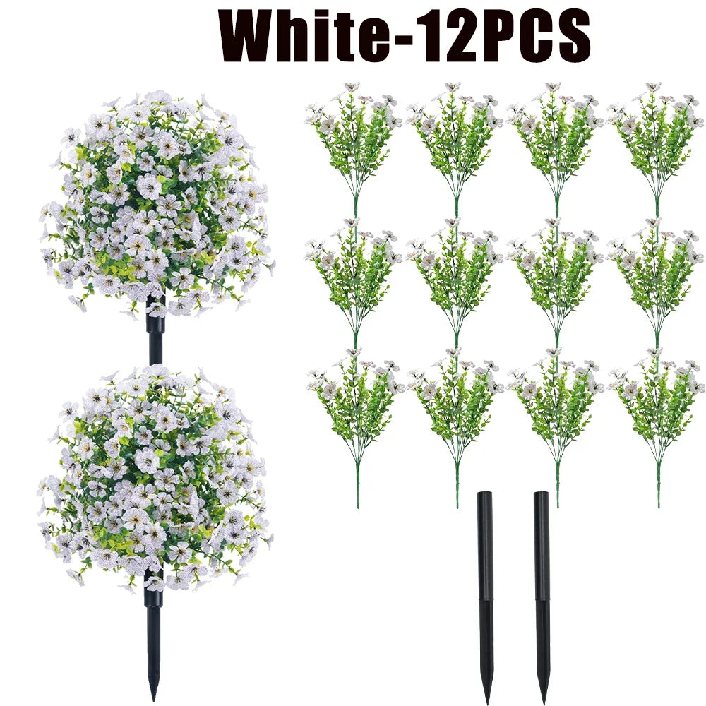 White artificial flowers in 12 packs displayed on a white background.