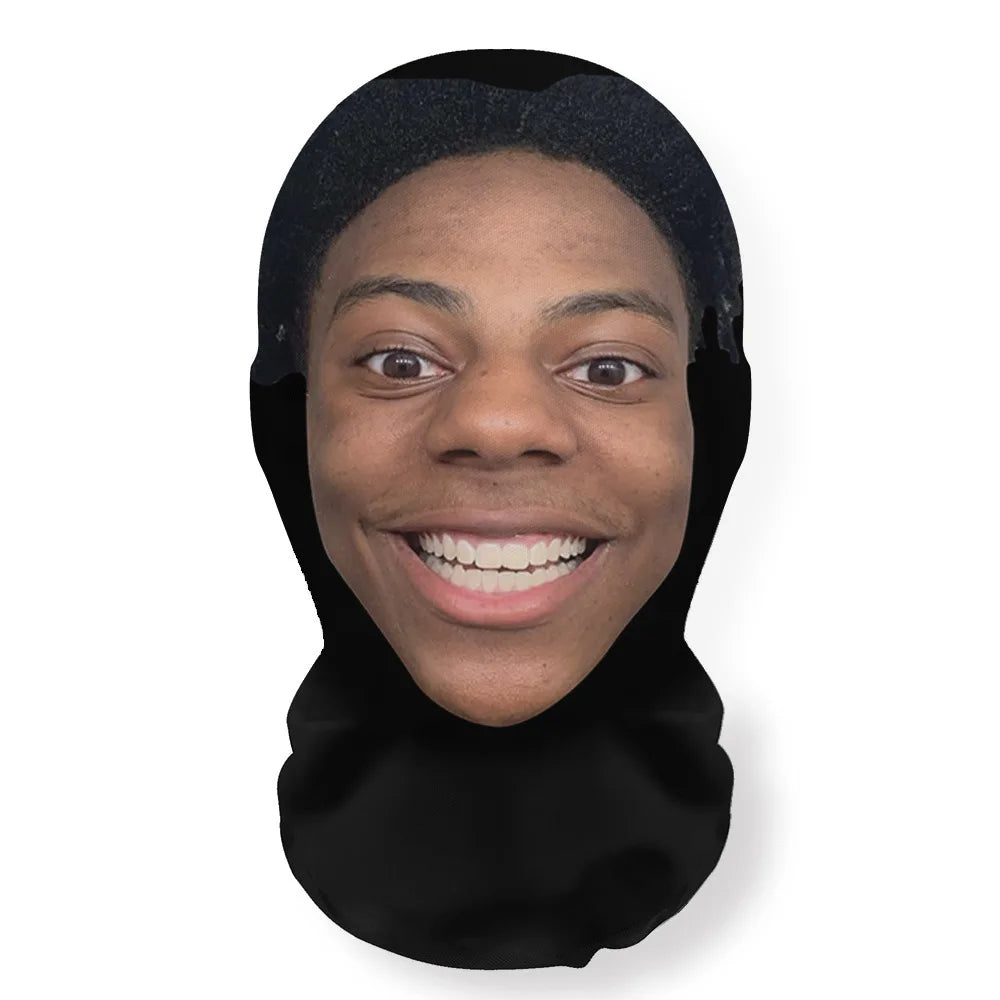 A close-up photo of a person wearing a black 3D printed celebrity cosplay mask.