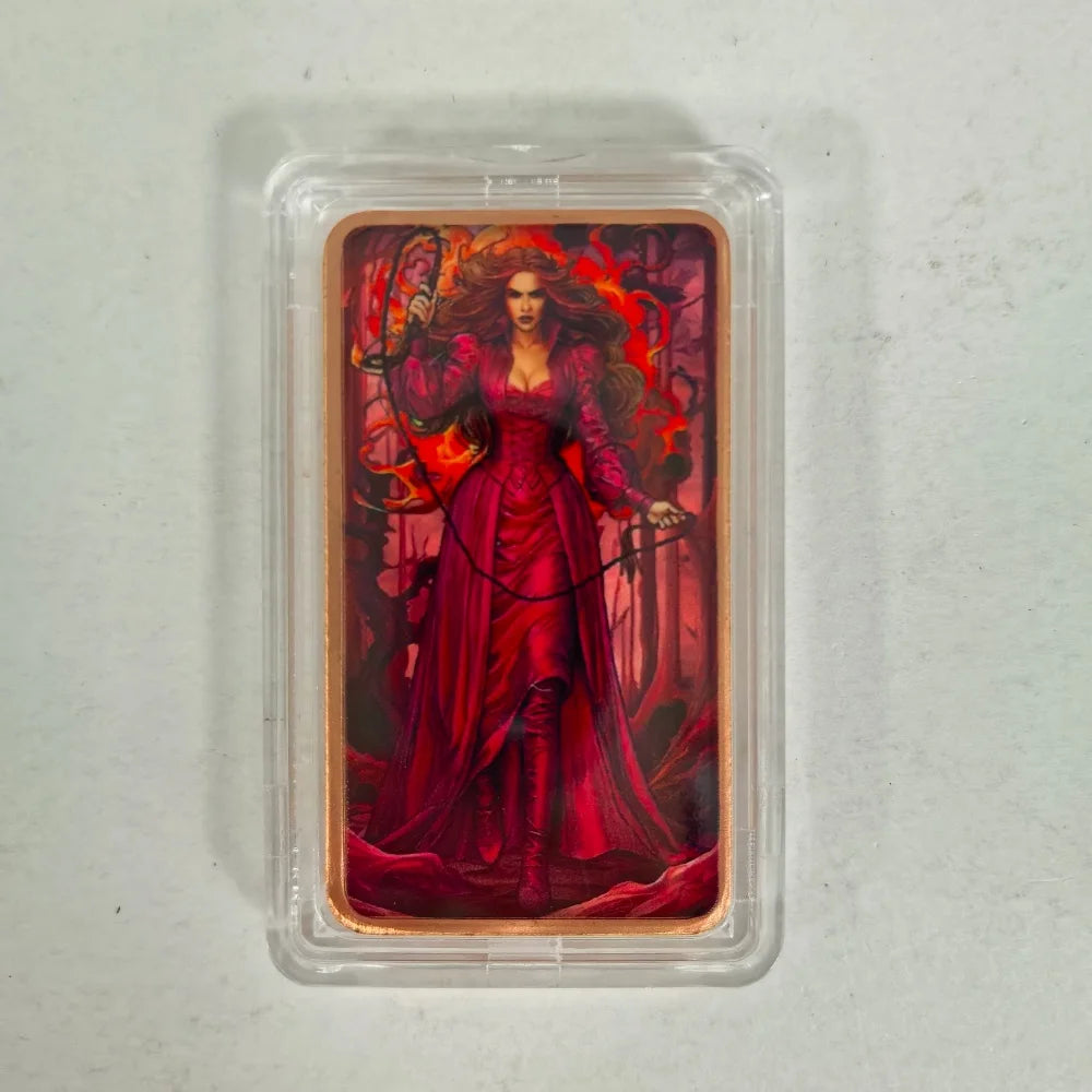 A fantasy art bar featuring a woman with fiery red hair and clothing, housed in a clear protective case.