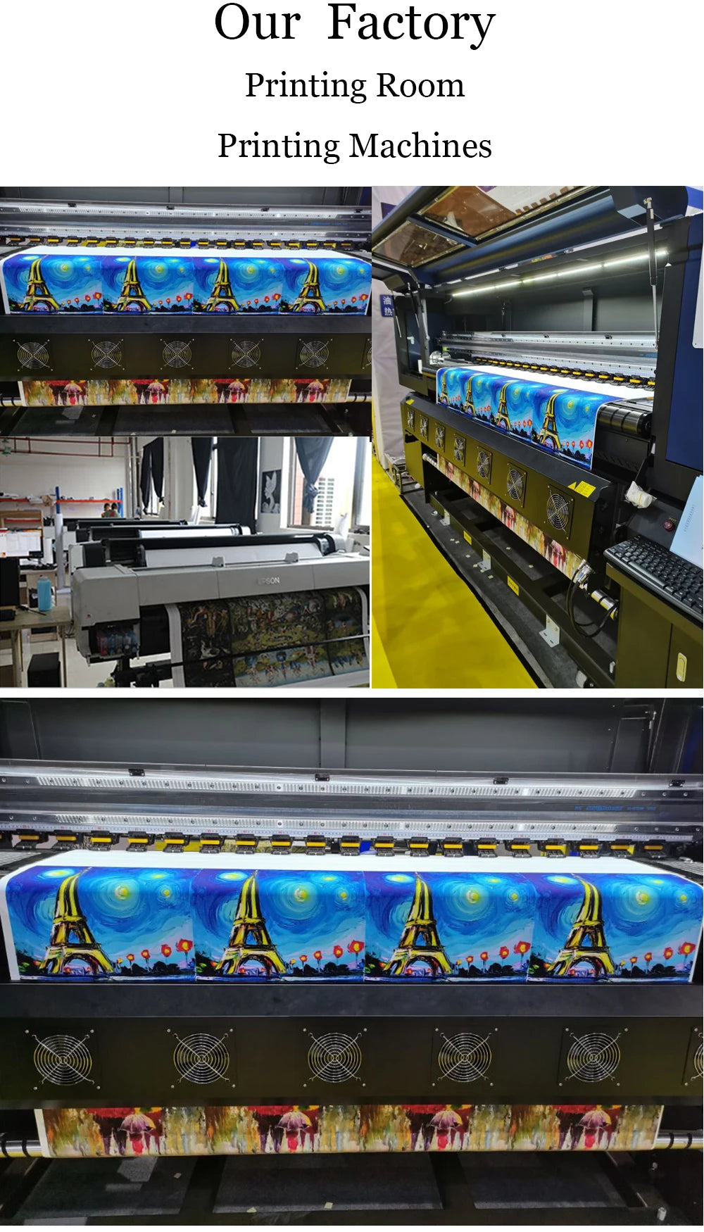 Printing machines inside a factory room with various printing setups for wall art.