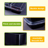 Image showing features of two-compartment meal prep lunch boxes including a buckle design, thick and durable construction, an