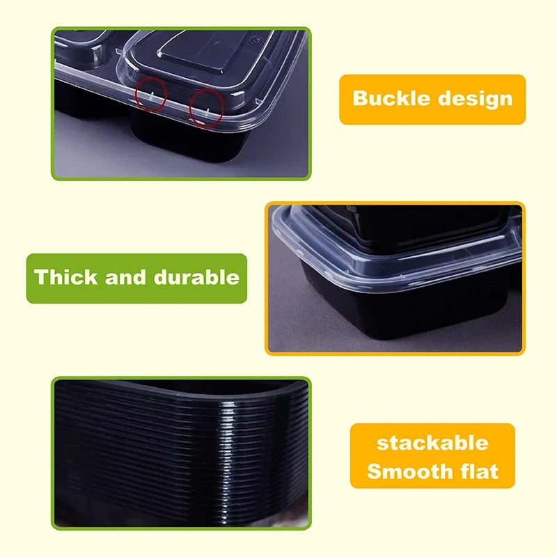 Image showing features of two-compartment meal prep lunch boxes including a buckle design, thick and durable construction, an