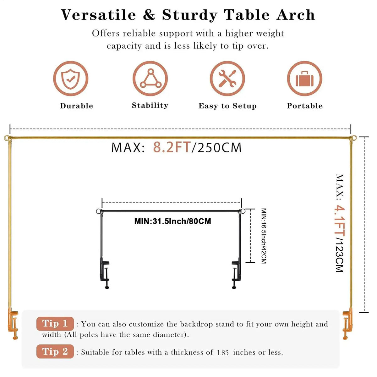Versatile & Sturdy Table Arch offers reliable support and is portable with adjustable dimensions.