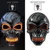 Realistic latex skull mask with glowing orange eyes and teeth, shown in light and no light status.