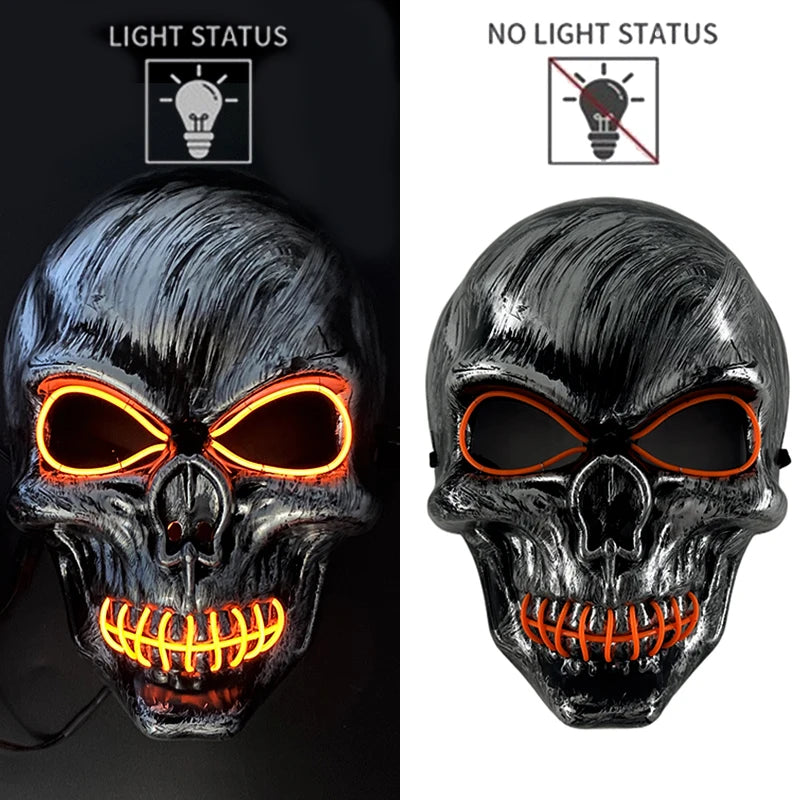 Realistic latex skull mask with glowing orange eyes and teeth, shown in light and no light status.