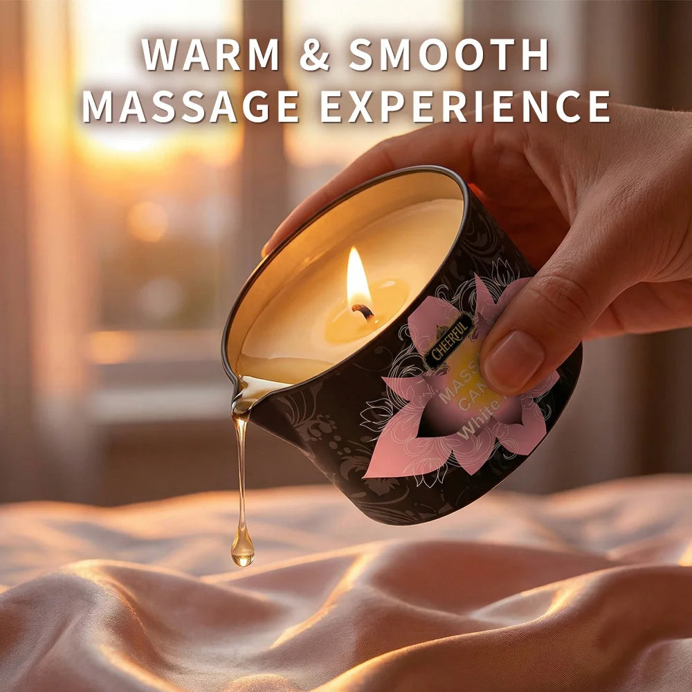 A hand holds an aromatherapy massage oil candle in an anti-scalding tin, with melted oil dripping onto fabric.