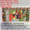A set of mini glass bottles with cork stoppers, showing various colored candies inside.