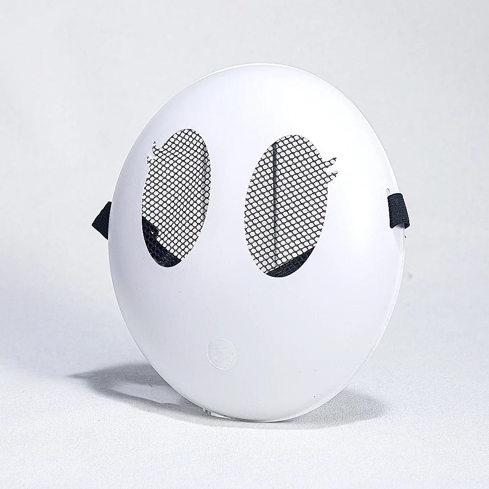 A white, spherical mask resembling a face with large black eye openings and black straps.