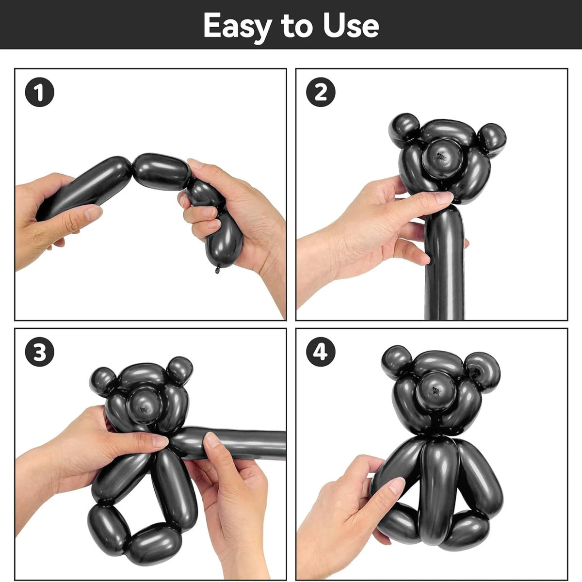 Four steps showing how to assemble a matte black latex balloon animal decoration.
