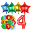 A set of foil balloons in various colors including blue, green, yellow, and red, shaped like stars and the number four.