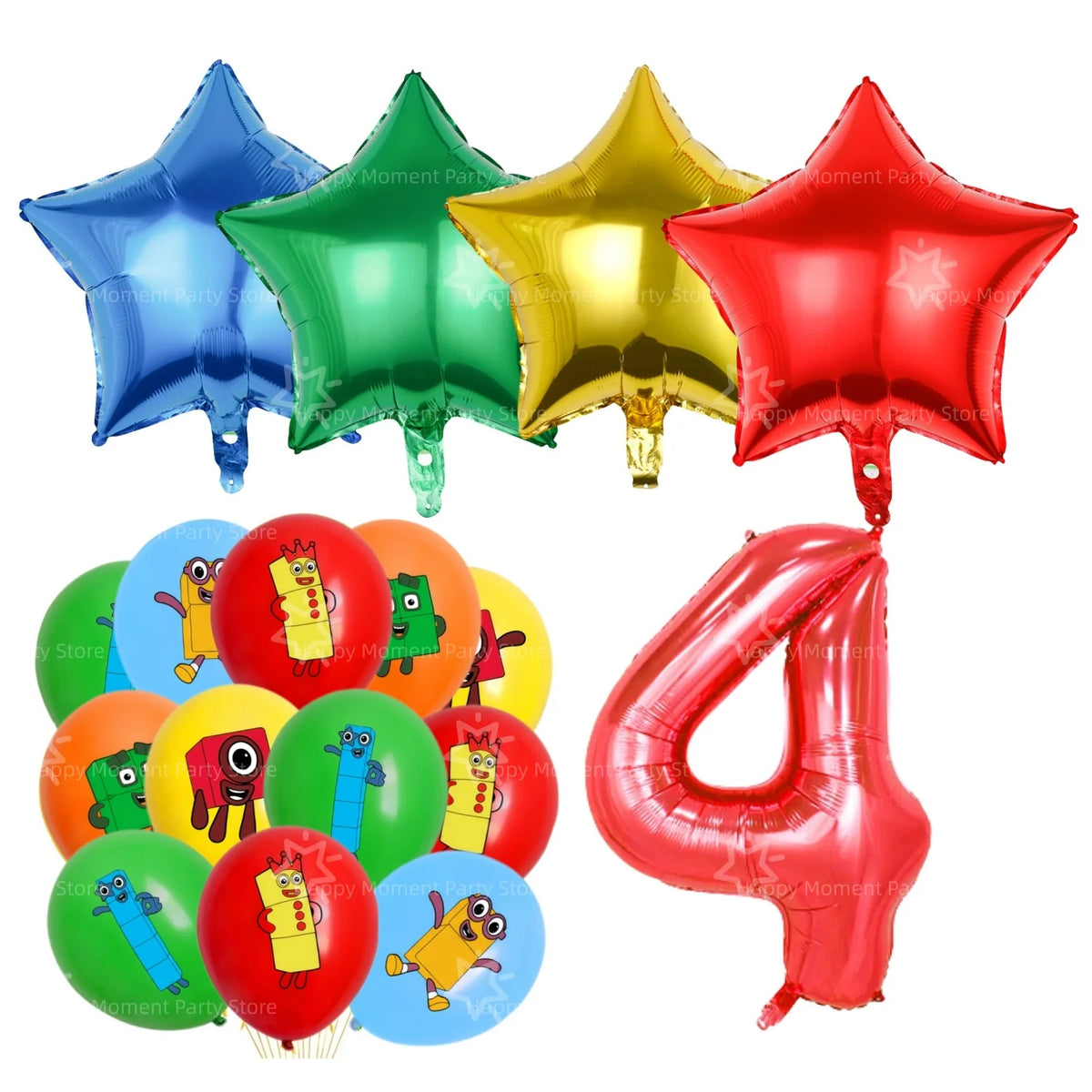 A set of foil balloons in various colors including blue, green, yellow, and red, shaped like stars and the number four.