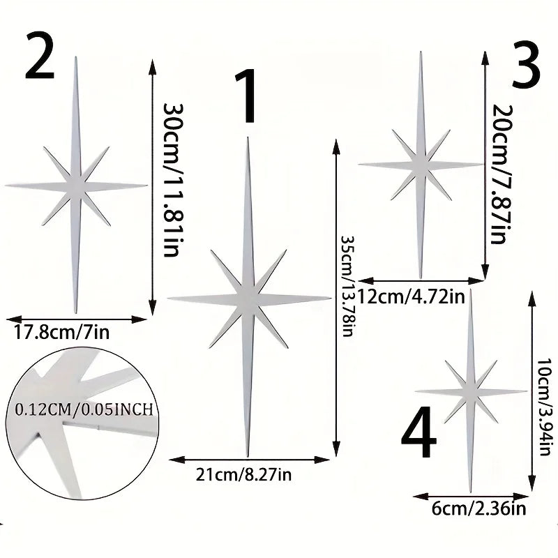 A set of four modern metal star wall art pieces shown in different angles and sizes.