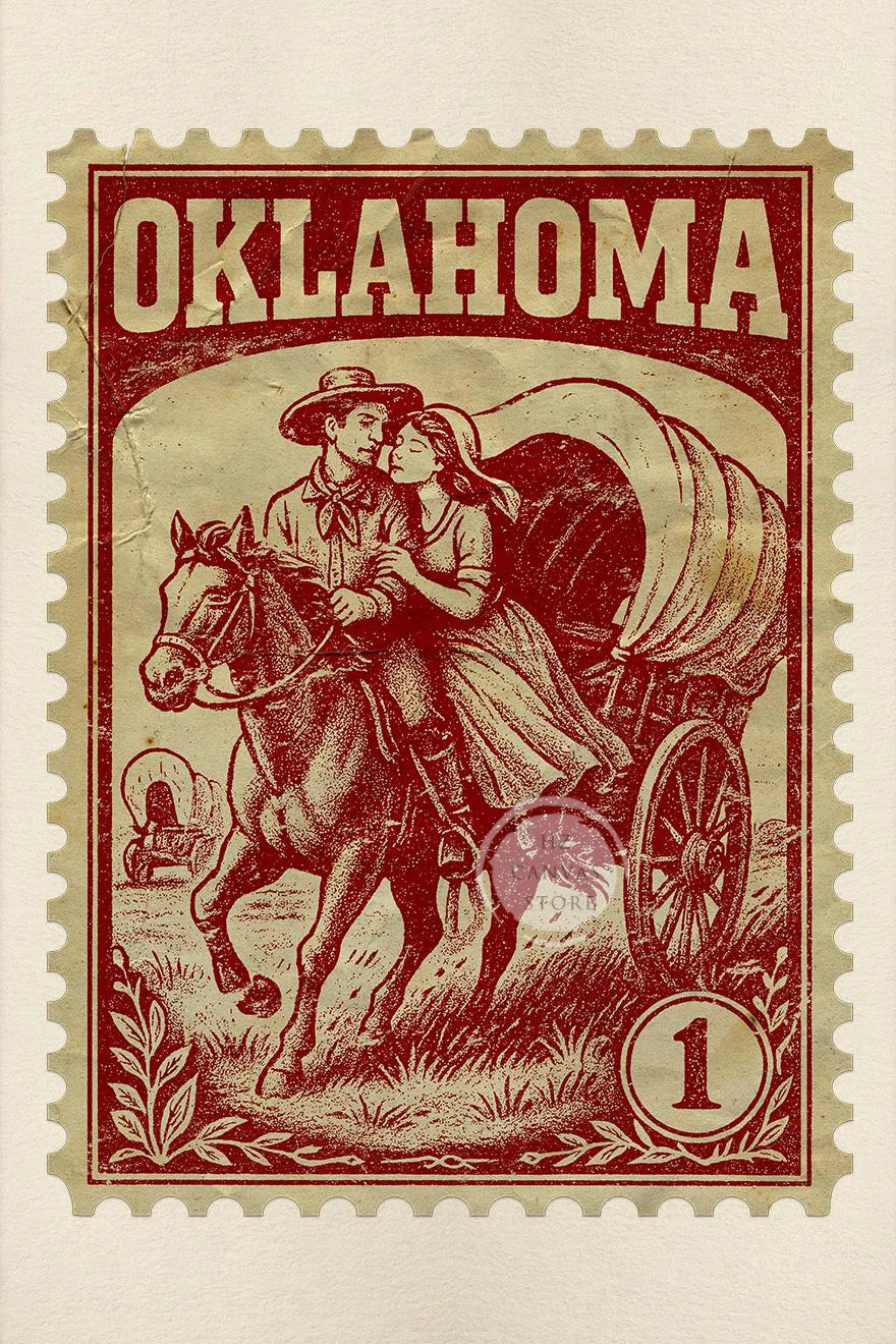 A vintage red postage stamp featuring a woman and a cowboy riding a horse against a background of hay bales and grass.