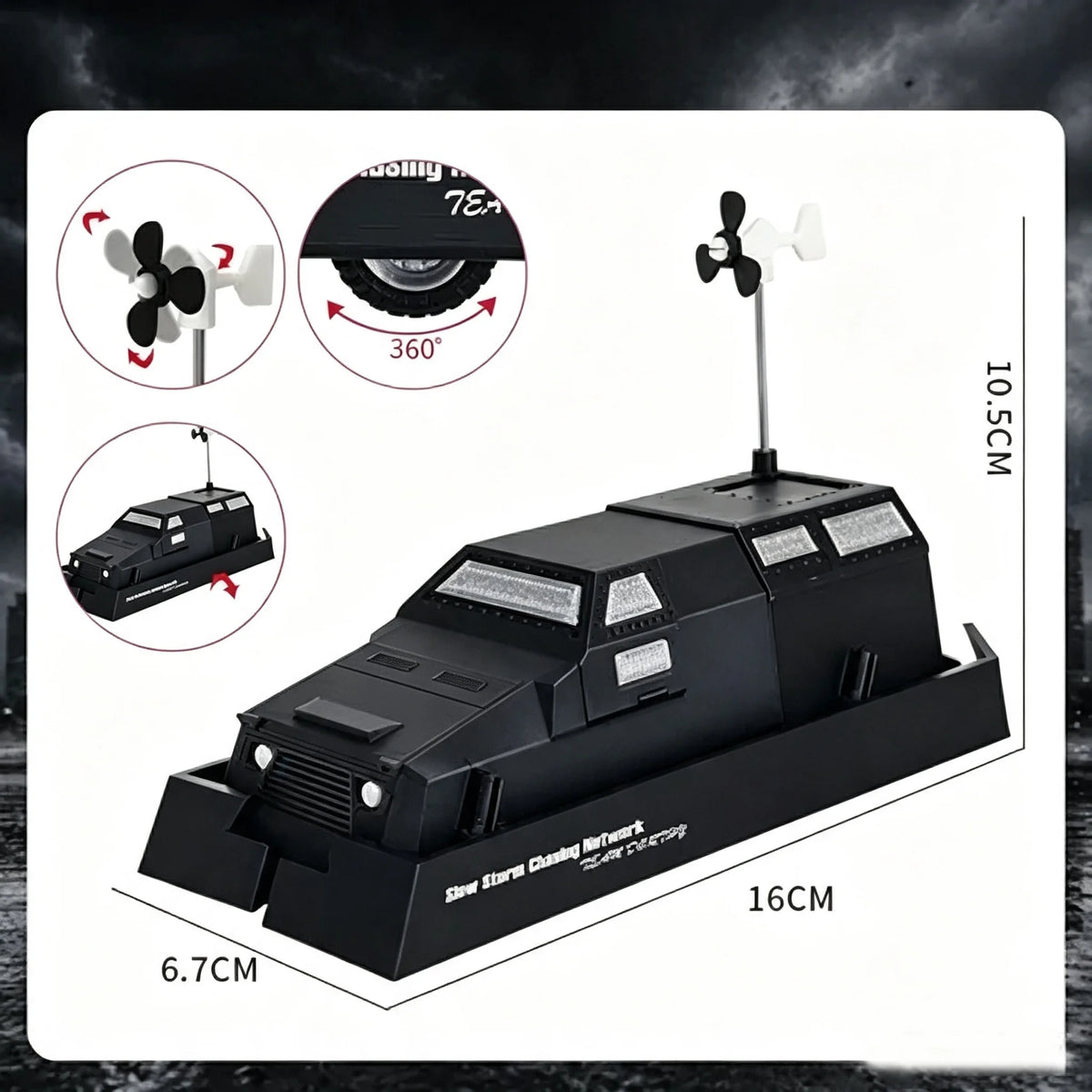 A black Storm Chaser Tornado Interceptor armored car model with a rotating spotlight and antenna.