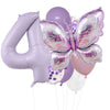 A set of purple foil balloons shaped like the number four and a butterfly