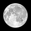 A high-contrast, minimalist black and white print of a full moon against a black background.
