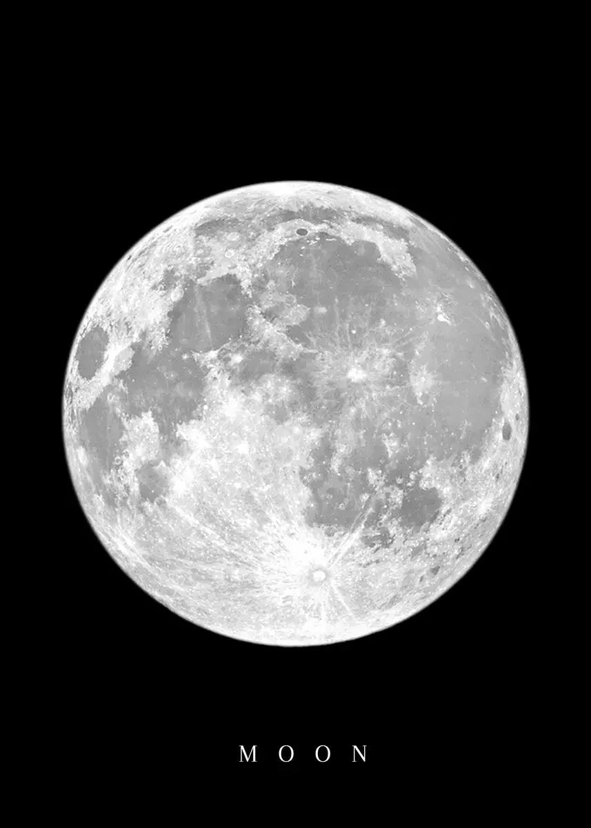 A high-contrast, minimalist black and white print of a full moon against a black background.