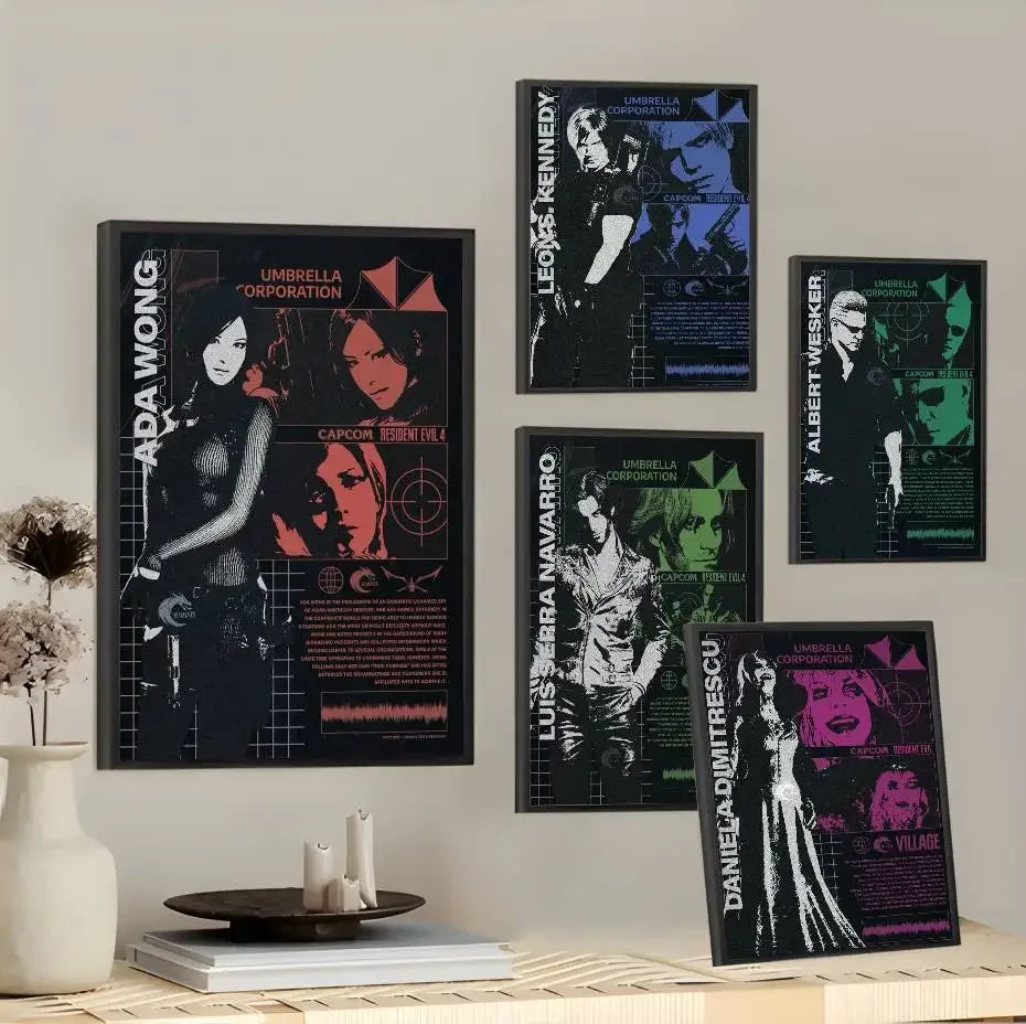 A collection of dark, stylized posters featuring characters from the Resident Evil franchise displayed on a white wall.