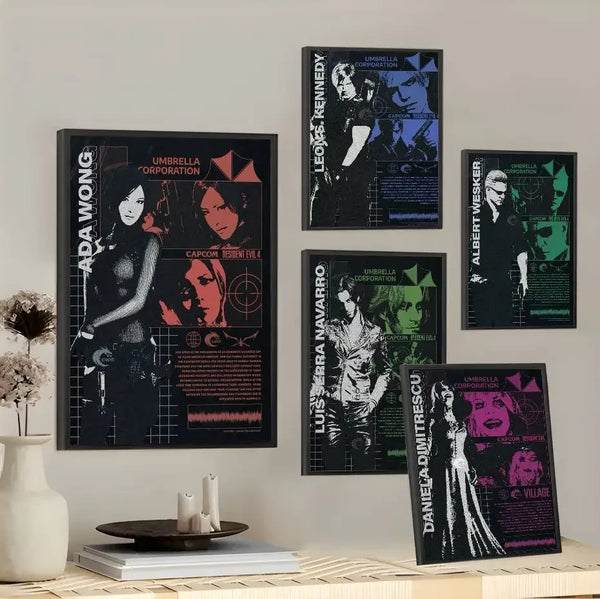 A collection of dark, stylized posters featuring characters from the Resident Evil franchise displayed on a white wall.
