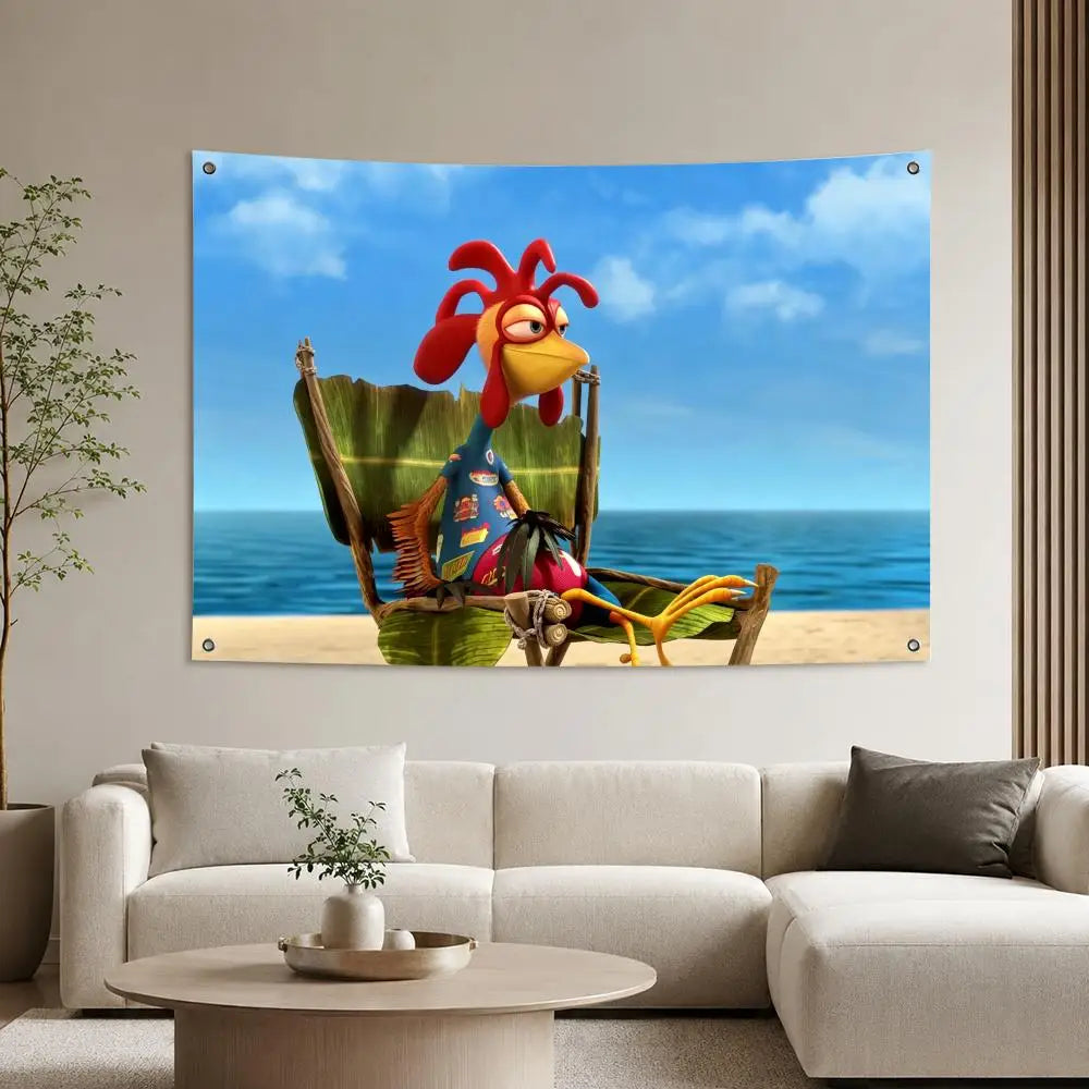 A vibrant movie-inspired tapestry featuring the character Chicken Joe Wall, a red chicken with large eyes, against a blue sky