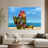 A vibrant movie-inspired tapestry featuring the character Chicken Joe Wall, a red chicken, against a blue sky and ocean backd