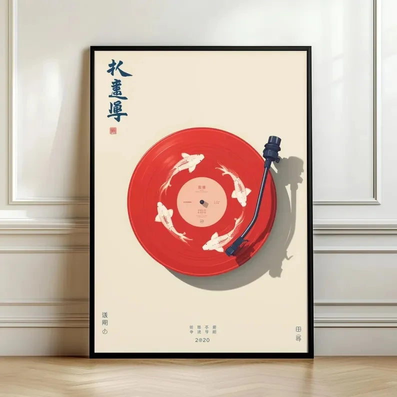 A framed piece of Japanese-style canvas art featuring a red vinyl record and white tiger paw prints.