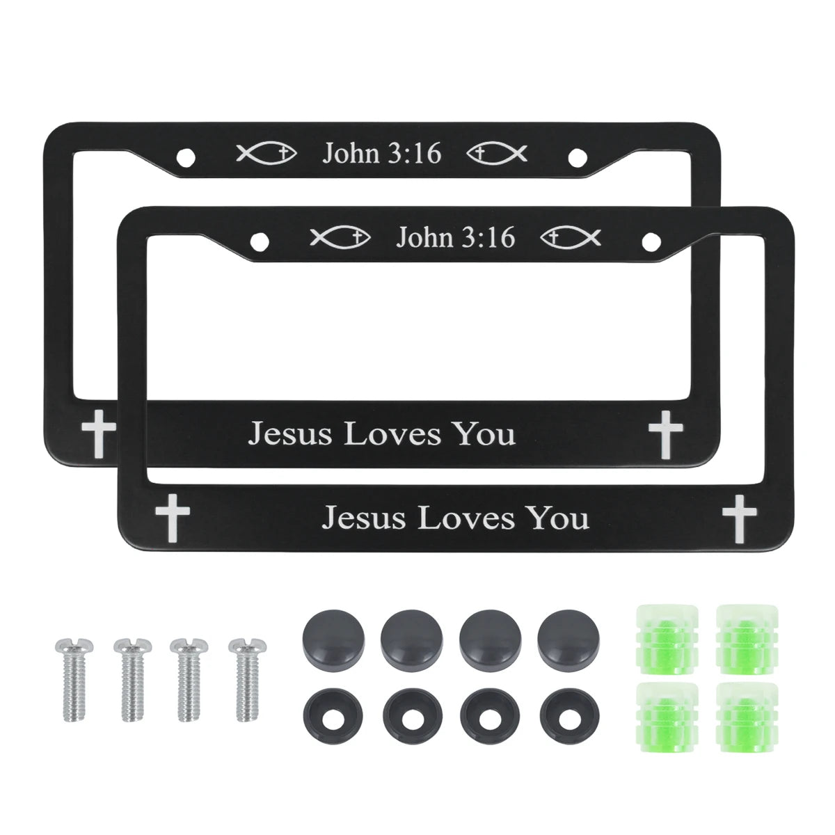 Black aluminum license plate frame with John 3:16 and Jesus Loves You inspirational designs and mounting hardware