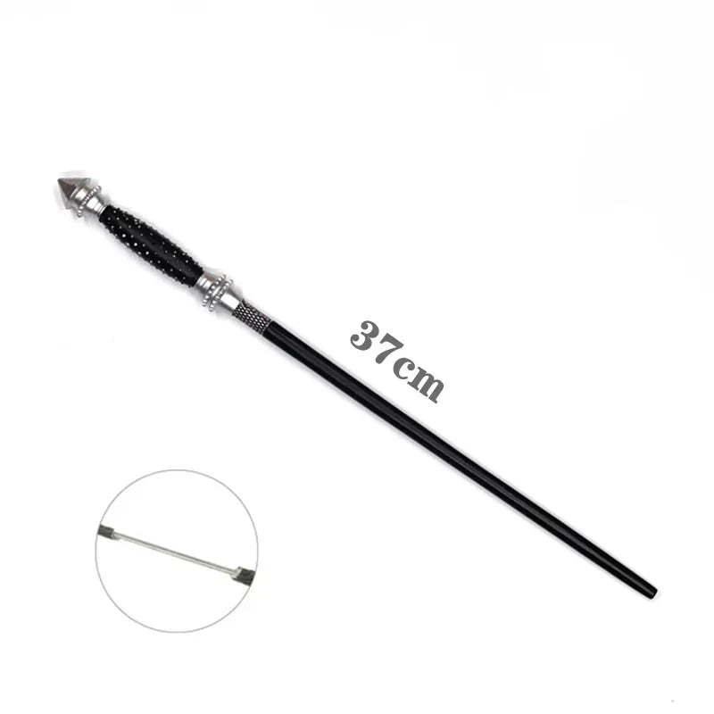A long, black metal-tipped magic wand with a decorative handle and a circular inset showing the tip.