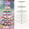 Elegant clear acrylic cupcake stand with three tiers displaying pink and purple cupcakes for parties