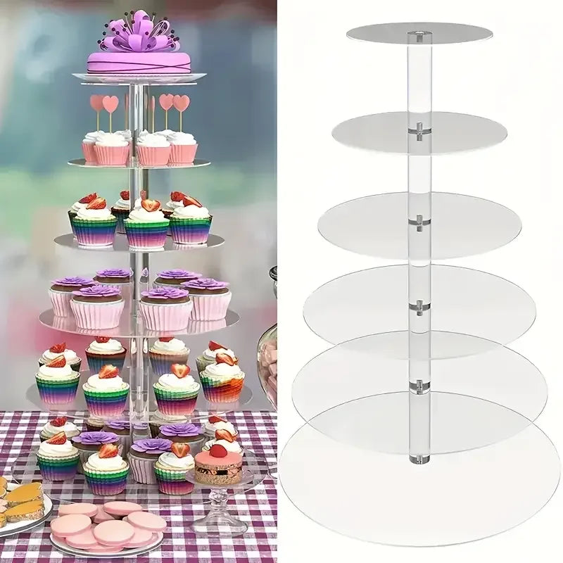 Elegant clear acrylic cupcake stand with three tiers displaying pink and purple cupcakes for parties