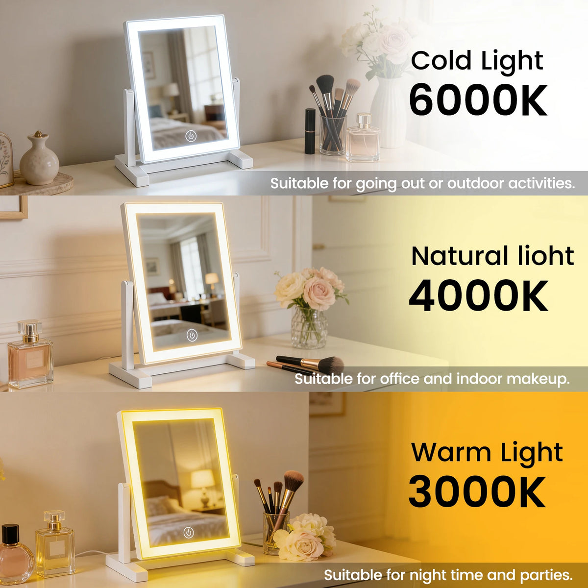 LED Makeup Mirror with 3 Color Lighting and Touch Control
