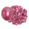 A pile of metallic pink latex balloons is shown next to a single large pink balloon.