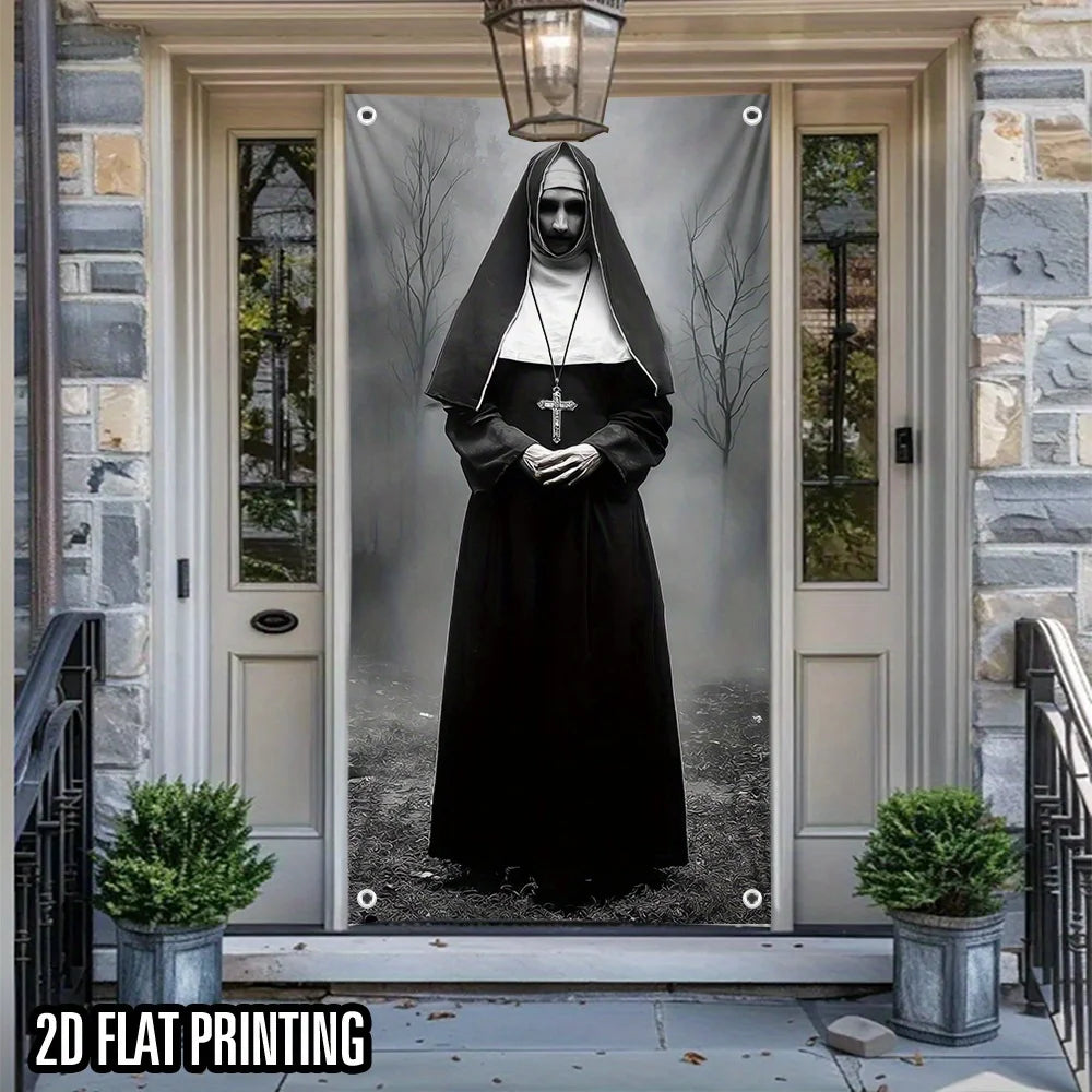 A black-robed nun figure is displayed in a framed print on a door banner.
