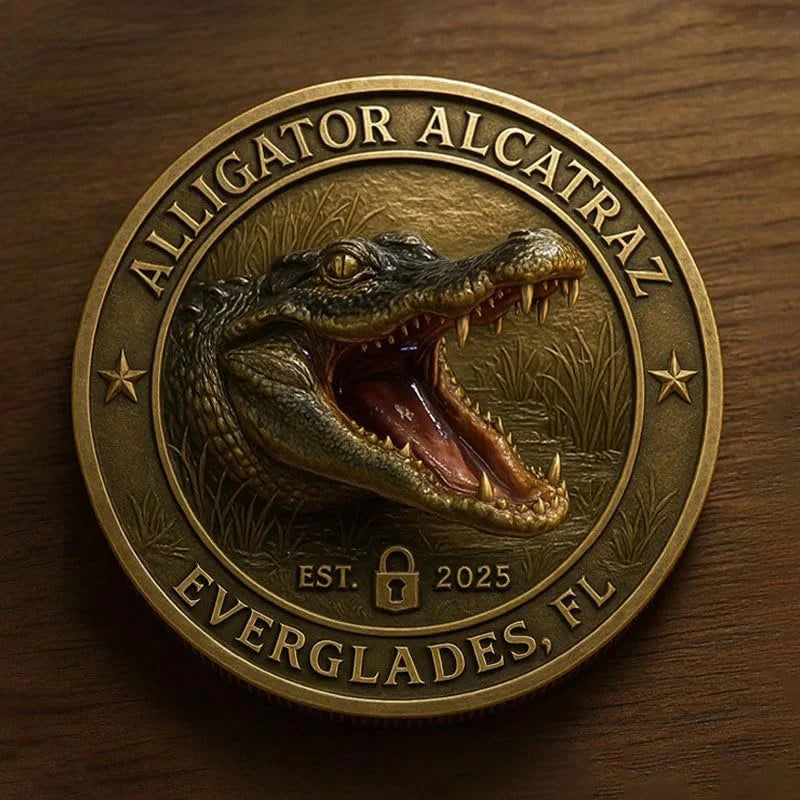 A round gold-toned collectible coin featuring a detailed alligator head design and text.