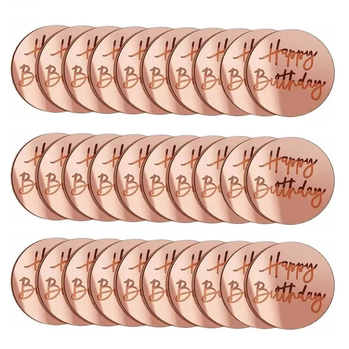 A set of round, rose gold mirror acrylic happy birthday cake toppers.