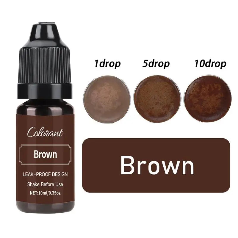 A brown liquid pigment set with dropper bottles showing 1, 5, and 10 drops of brown colorant for candle wax.